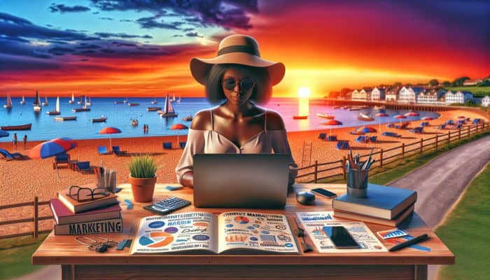 A laptop showing internet marketing graphs on Swanage beach, with books and a marketer at sunset.