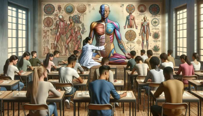 Students in a classroom learning acupuncture, surrounded by anatomy charts and a mentor demonstrating on a model.