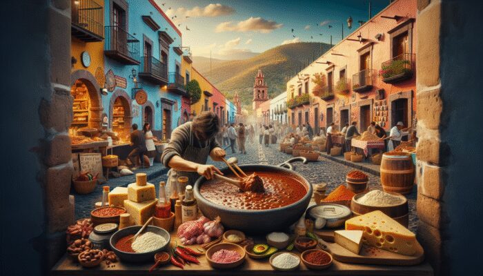A culinary tour in San Miguel de Allende showcasing cobblestone streets, colonial architecture, and a mix of indigenous and colonial dishes.