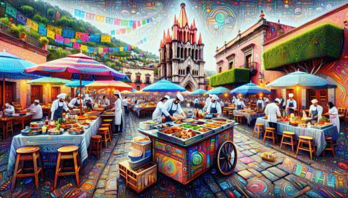 A vibrant culinary tour in San Miguel de Allende featuring street food, gourmet dining, and cooking classes amidst festive celebrations.