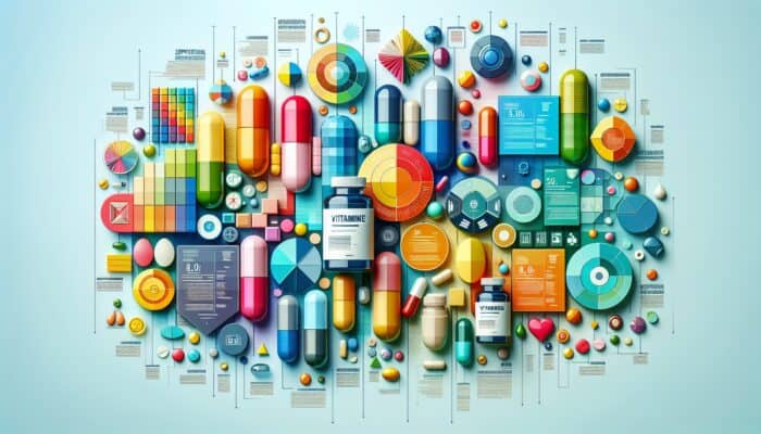 Vibrant infographic providing tips on developing supplement-centric content, featuring vitamins and capsules.