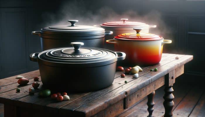 Three Dutch ovens on a rustic table: matte black cast iron, colourful enameled cast iron, sleek stainless steel, each simmering dishes.