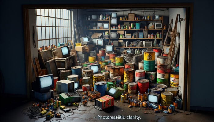 Hazardous Waste Regulations for House Clearance: A cluttered garage filled with hazardous materials such as leaking paint cans, corroding batteries, and old electronic devices, each marked with warning labels.