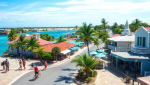A coastal town scene in Corozal Town, Belize, where people walk and bike along colorful streets lined with palm trees, outdoor cafes, and real estate options that highlight the area’s affordable living by blue water and boats under a clear sky.