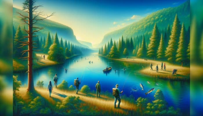 Outdoor Activities for Mental Health: A picturesque landscape featuring verdant forests and serene blue waters, ideal for relaxing outdoor activities like hiking and fishing.
