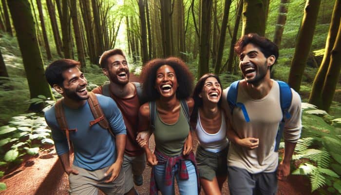 A diverse group hiking and laughing in a vibrant forest, illustrating the mental health benefits of social connections.