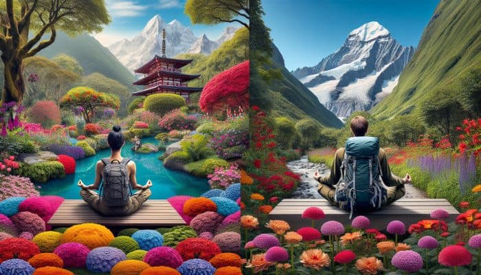 A person meditating in a vibrant garden versus a hiker reaching a mountain summit, illustrating choices in outdoor activities.