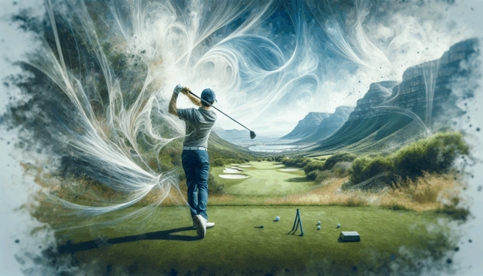 Best Golf Training Aids for Beginners: A beginner golfer using training aids on a scenic South African course, with Cape Winelands and Garden Route in the background.