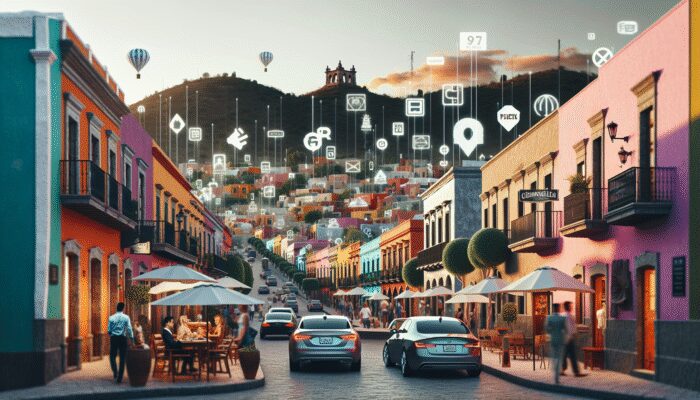 A bustling street in San Miguel de Allende showing colonial architecture and modern real estate signs, reflecting rising housing prices and gentrification.