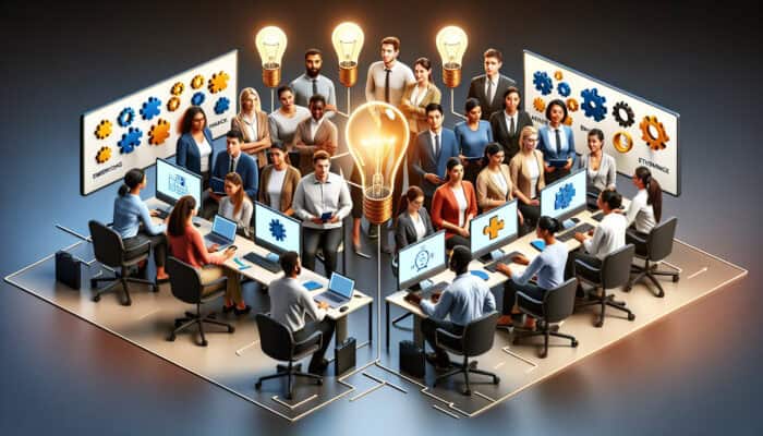 A diverse group of entry-level employees in a dynamic training session with online and hands-on learning, led by mentors.