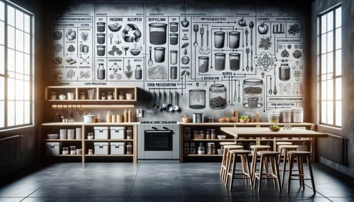 Kitchen scene showcasing food scrap storage, upcycling recipes, and preservation methods such as freezing, dehydrating, and fermenting.