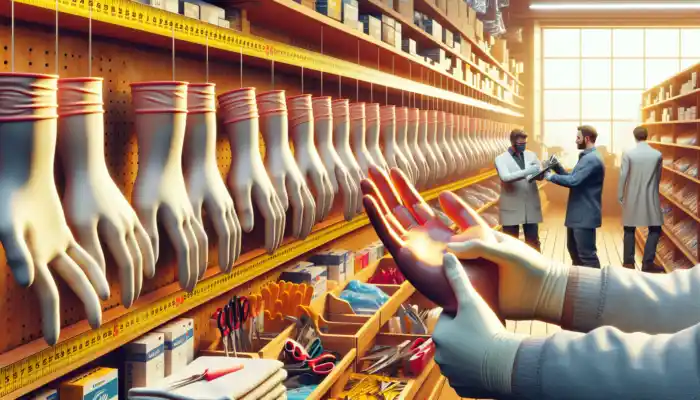 A bright UK glove shop with shelves of various latex gauntlet gloves, as a consultant measures a hand for fit and safety.