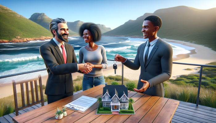 A cheerful real estate agent hands over keys to a diverse couple on a sunny beachfront deck in Plettenberg Bay, with the ocean waves, green hills, and property documents nearby.