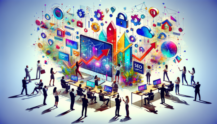 Chard, UK scene: Experts designing websites on screens, secure payments with digital locks, rising SEO graphs, and digital marketing under a Union Jack.