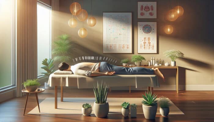 A relaxed patient receiving acupuncture in a cosy Bristol clinic, with needles in their back, soft lighting, plants, and aromatherapy for stress relief.