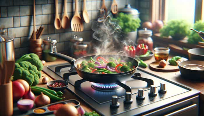 A sizzling skillet on a stove cooking a colourful, nutritious meal, with minimal utensils and ingredients around, symbolising efficiency and versatility.