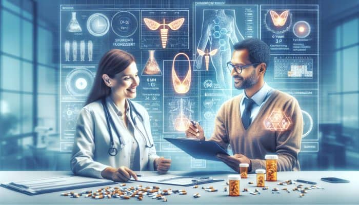 A compassionate doctor in a modern UK clinic reviews thyroid results with a patient, amid charts, a follow-up calendar, and pill bottles.