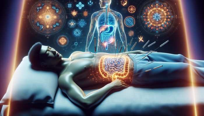 A serene Asian man undergoing abdominal acupuncture, surrounded by traditional Chinese medicine symbols and a glowing digestive system.