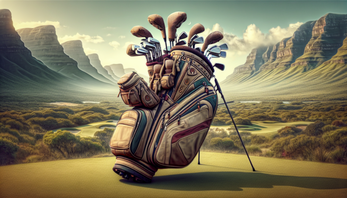 Golf bag with headcovers, travel sleeve, heavier items at bottom, accessories in pockets, South African landscape.