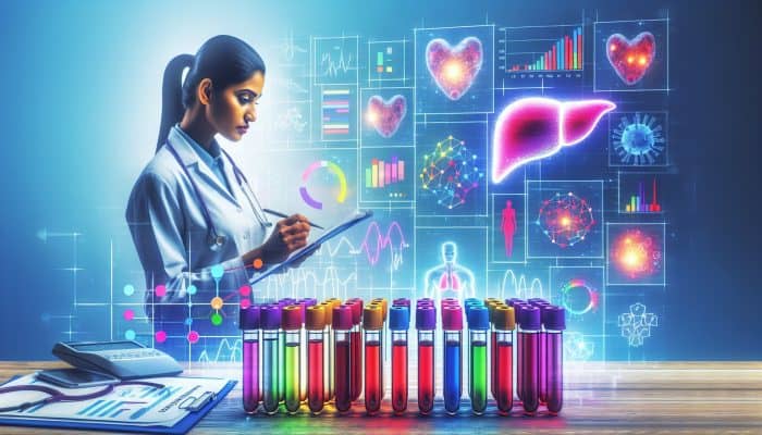 Liver Blood Test in Hemel Hempstead: A doctor in a modern UK clinic examines colorful blood vials, digital liver enzyme charts, and a glowing diagram for hepatitis detection.