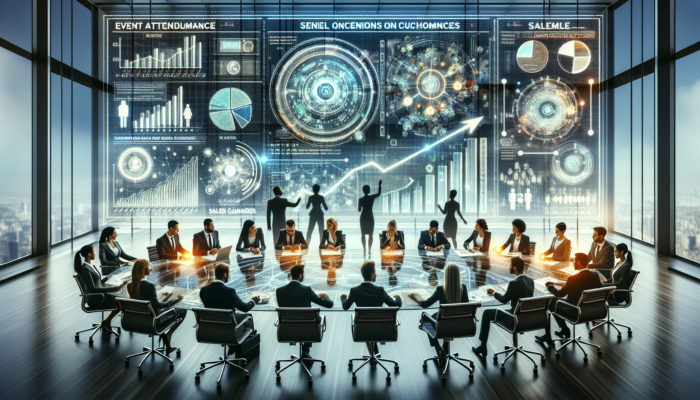 Business professionals analyzing holographic charts of event attendance, sales spikes, and customer feedback in a modern boardroom.