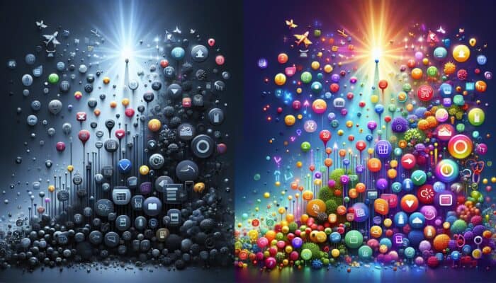 Illustration demonstrating SEO's influence: a dim underperforming product page with low traffic icons contrasted with a vibrant page featuring rising graphs and sales symbols.