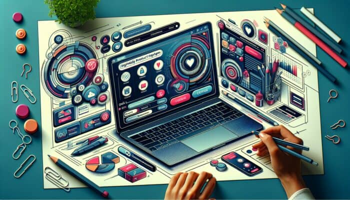 A vibrant digital illustration of a contemporary e-commerce page on a laptop, featuring intuitive navigation, easy buttons, and engaged users browsing.