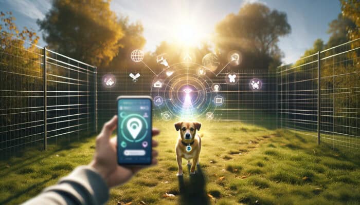 GPS Fences For Pet Yards: Dog with GPS collar approaches invisible fence in sunny park; satellites signal, owner's smartphone alerts for safety.