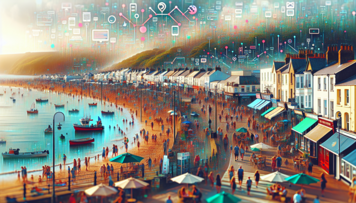 Vibrant Sidmouth coastal scene with thriving shops and cafes, overlaid by social media icons, websites, and growth graphs symbolizing online marketing.