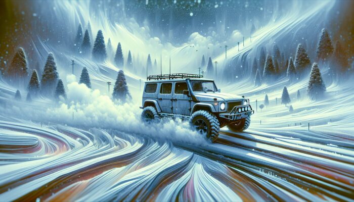 A robust SUV with snow tyres and an efficient heating system navigating safely through icy, snowy roads.