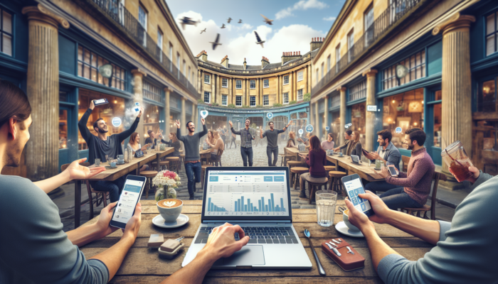 Vibrant scene in a historic Bath café: laptop on wooden table, tablet in hand, smiling customers using smartphones for responsive UK design.