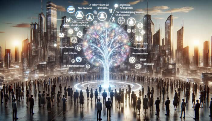 Futuristic cityscape with diverse people and AI around a glowing ethical tree displaying holographic moral codes, symbolizing progress and innovation.