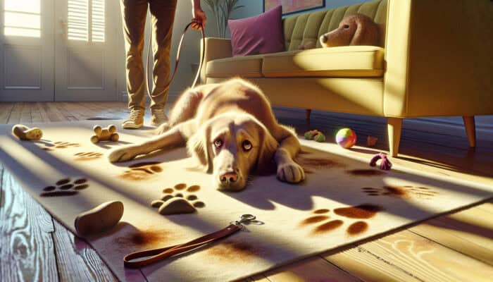 Lethargic golden retriever lies anxiously on a sunlit rug, ignoring toys, with concerned owner and subtle urine stains.