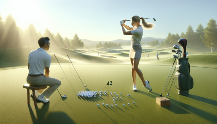 A professional golfer swings on a sunlit green, with an expert coach observing, surrounded by dew-covered fairways, clubs, and flying balls.