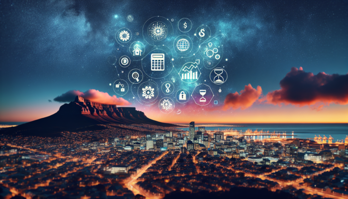 Cape Town skyline at dusk, highlighting Table Mountain and symbols of affordability like graphs and charts under a starry sky.