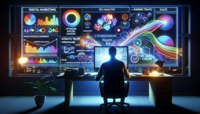 A digital marketer in Bridgwater examining local keywords on a luminous screen, accompanied by SEO charts and rising traffic graphs.