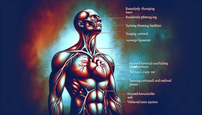Illustration of a stressed human figure with a straining heart and surging hormones, symbolizing hypertension and weakened immunity.