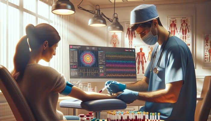 A nurse in blue scrubs draws blood from a patient in a UK NHS clinic, surrounded by charts, test tubes, and a computer screen.