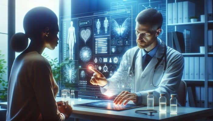 A compassionate GP explaining blood test results on a digital screen to an attentive patient, surrounded by medical charts and vials.