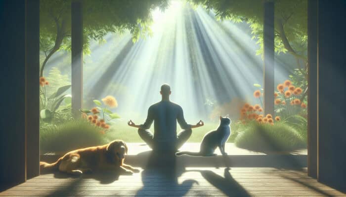 A person meditating in a sunlit garden with a dog and cat nearby, evoking calm and joy.