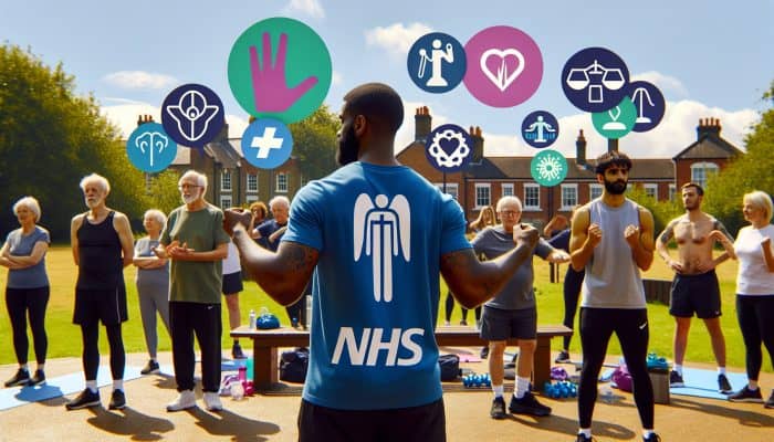 Affordable Wellness Programs: Diverse people in a sunny UK park attending free fitness and mental health classes led by NHS instructors, with banners promoting social prescribing.