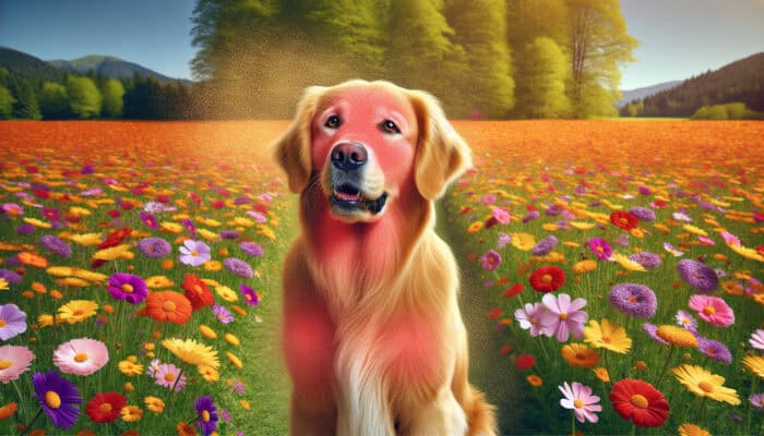 A golden retriever in a spring meadow with flowers, scratching irritated skin, sneezing, and watery eyes from pollen allergies.