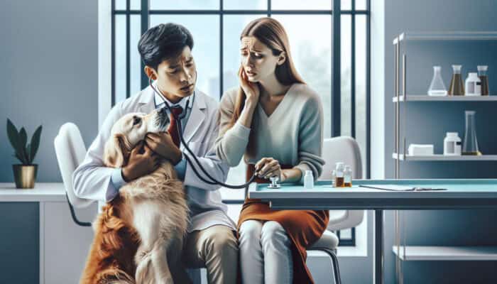 A concerned pet owner holds a lethargic dog in a vet clinic as a compassionate vet examines its irritated skin and prepares treatments.