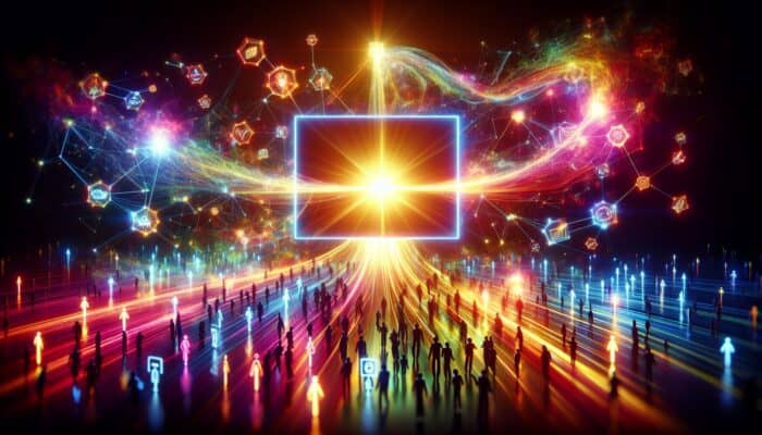 A glowing video screen displays engaging content with radiant backlink webs connecting to multiple websites, symbolising audience expansion and interaction.