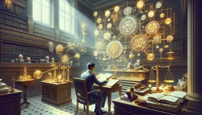 A solicitor in a historic London courtroom reviews probate documents, surrounded by scales of justice, heirlooms, and a flowchart in warm lighting.