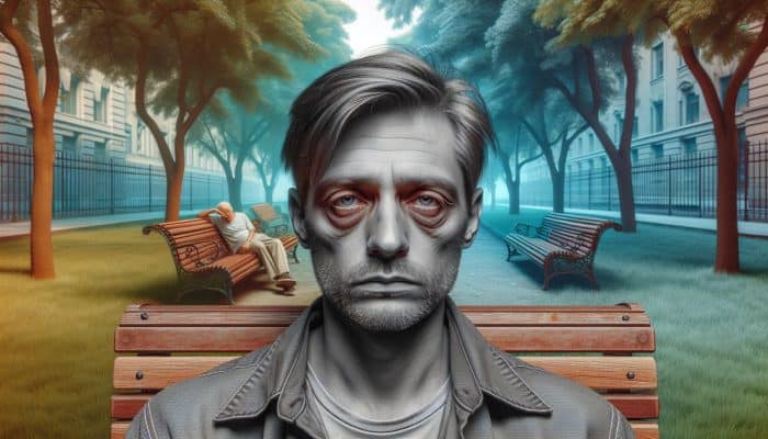 A weary middle-aged man slumps on a park bench at dawn, face etched with fatigue and dark circles, as vibrant surroundings fade to gray.
