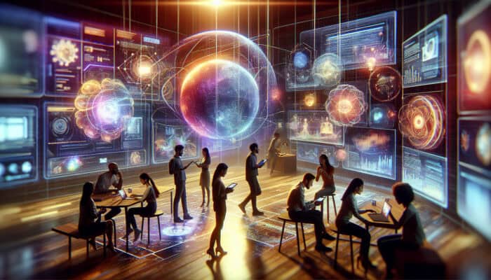 Vibrant digital hub showcasing diverse individuals gathered around holographic screens, sharing their art and tech passions in a friendly virtual environment.