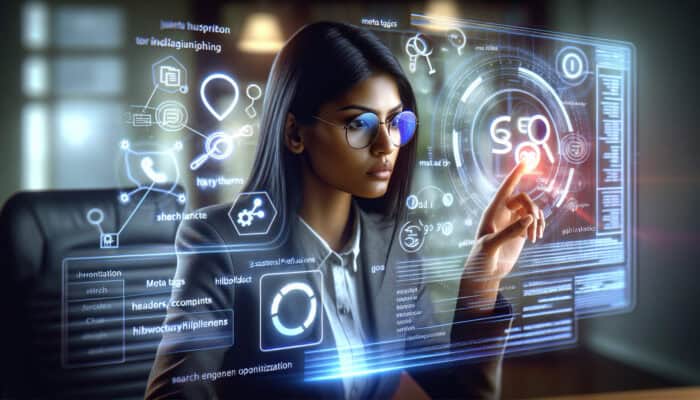 A focused virtual assistant in a modern office analyzes website SEO on a glowing screen, surrounded by holographic meta tags and charts showing strengths and weaknesses.