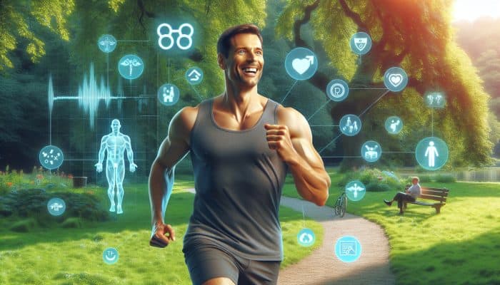 How to Boost Male Hormones Naturally: A confident, muscular man in his 40s jogging through a lush UK park, smiling with energy, symbolizing testosterone's role in vitality and NHS health checks.
