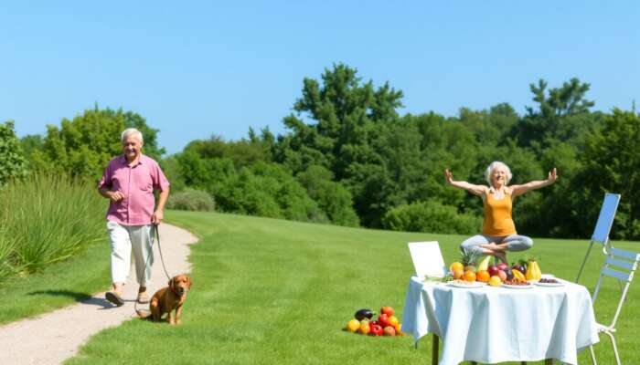 Elderly couple enjoying wellness activities outdoors, one walking a dog, another practising yoga, with a table of fresh fruits and vegetables set against a backdrop of lush greenery and blue sky.